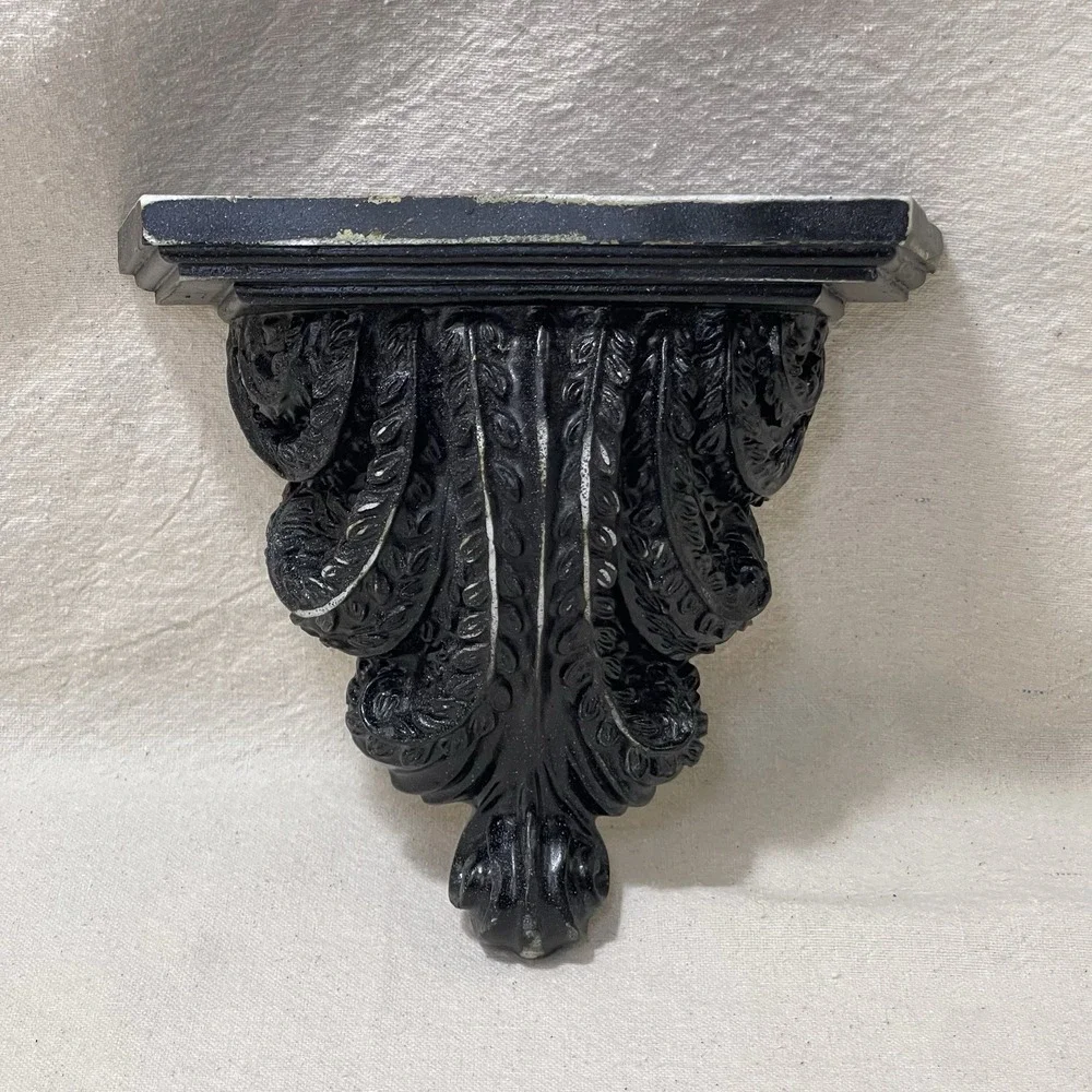 Baroque Black Goth Maximalist Wall Shelf Sconce Acanthus Scroll Leaf Resin Decor